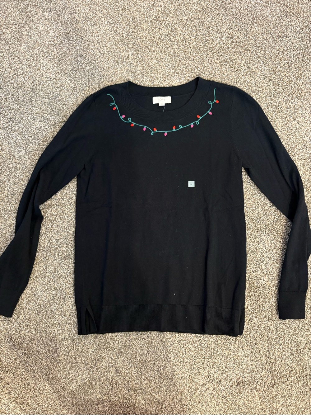 NEW LOFT outlet Black Crewneck Sweater with Embroidered Holiday Lights M
